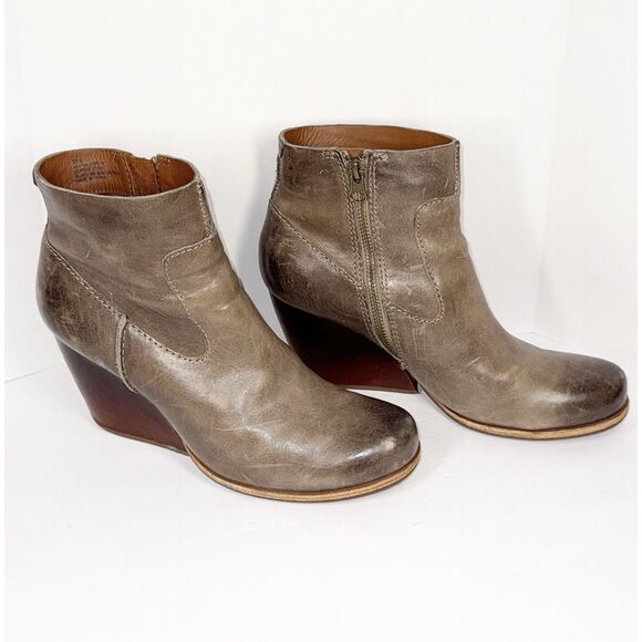Kork Ease Michelle Ankle Boot Taupe Brown Gray Leather Chunky Heel Zip Wedge 8.5 - Picture 5 of 14